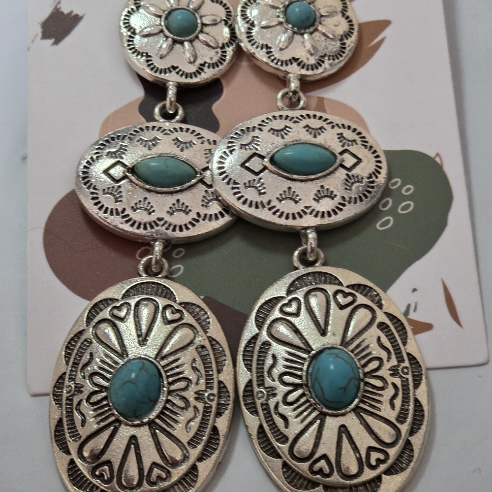 Silvertone and Faux Turquoise Dangle Earrings